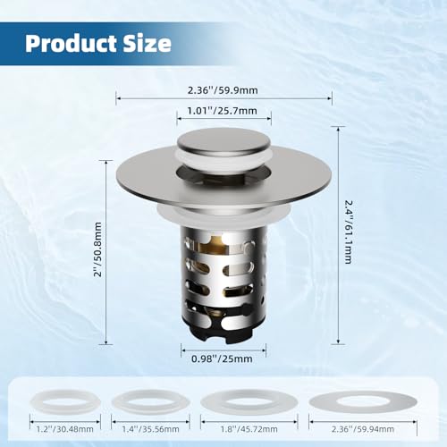 Universal Upgraded Bathroom Sink Drain Stopper Hair Catcher, Brushed Nickel | 4-IN-1 Pop-Up Sink Strainer with 2-Layer Removable Stainless Steel Basket, Anti-Clog Drain Plug for 1.1"-2.36" Basin - color: Brushed Nickel