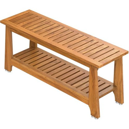 NNN 42" Commercial Heavy Duty Teak Shower Bench, Patented, Non-Slip Stable | with 8 Japan-Made Non-Slip Leveling Feet, Mortise-Tenon Legs 350lb, Pre-Oiled European Teak Oil, Marine-Grade Hardware - size: 42"W x 14" Dx 18"H