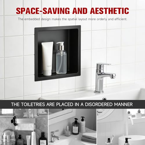 VELPAX No Tile Needed Shower Niche 12"X 12", Bathroom Wall Niche Single Shelf, Stainless Steel Shower Niche for Bathroom, Kitchens, Balconies - color: Black, size: 12"X 12" Single Shelf