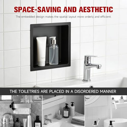 VELPAX No Tile Needed Shower Niche 12"X 12", Bathroom Wall Niche Single Shelf, Stainless Steel Shower Niche for Bathroom, Kitchens, Balconies - color: Black, size: 12"X 12" Single Shelf