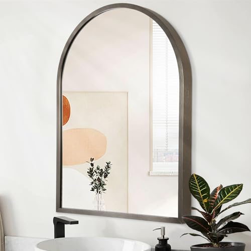 Arch Metal Framed Bathroom Mirror for Wall, Aluminum Alloy Frame Brushed Wall Mounted Mirror for Livingroom Bedroom Entryway, Anti-Rust, Tempered Glass 16"x12" - color: Coffee, size: 16"L x 12"W