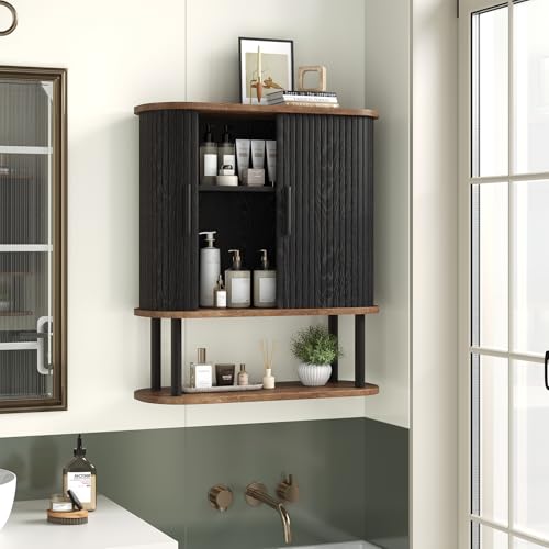 Fluted Bathroom Wall Cabinet, Wall Mounted Medicine Cabinet with Sliding Tambour Door & Adjustable Shelf, 3-Tier Over the Toilet Storage Cabinet for Laundry Room, Kitchen, Black - color: Black