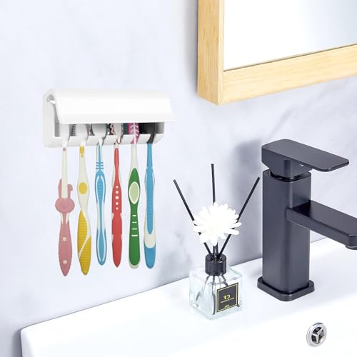 6 Slots Toothbrush Holder Wall Mount with Cover, Self Adhesive Toothbrushes Storage Organizer Perfect for Dorm Bathrooms and Shower, Holds 6 Toothbrushes. White