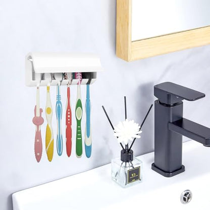 6 Slots Toothbrush Holder Wall Mount with Cover, Self Adhesive Toothbrushes Storage Organizer Perfect for Dorm Bathrooms and Shower, Holds 6 Toothbrushes. White