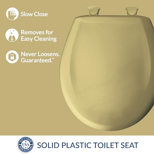 Bemis Classic Colors Slow Close Toilet Seat, Easy Clean Hinges and Durable Plastic Seat, Made in USA, Round, Harvest Gold - color: Harvest Gold, size: Round