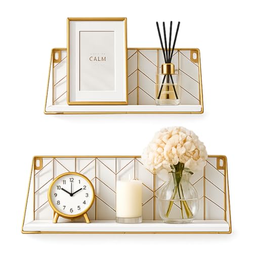 ZGZD White and Gold Floating Shelves Set of 2, Modern Geometric Wall Shelf for Bathroom, Bedroom,Kitchen, Office，Living Room Decor