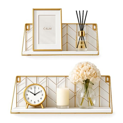ZGZD White and Gold Floating Shelves Set of 2, Modern Geometric Wall Shelf for Bathroom, Bedroom,Kitchen, Office，Living Room Decor