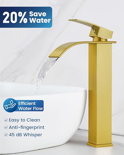 Airuida Vessel Sink Faucet, Brushed Gold Tall Waterfall Bathroom Faucet | Single Handle,Tall Bathroom Faucet 1 Hole,Vanity Faucet,without Drain,Bowl Bathroom Faucet - color: Brushed Gold