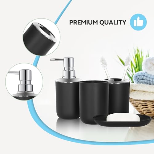 Black Bathroom Accessories Set 4 PCS, Black Bathroom Accessories | Plastic Soap Dispenser and Toothbrush Holder Set, Soap Dish and Mouthwash Cup, Boho Bathroom Decor, Bathroom Set - size: 4Pcs Black
