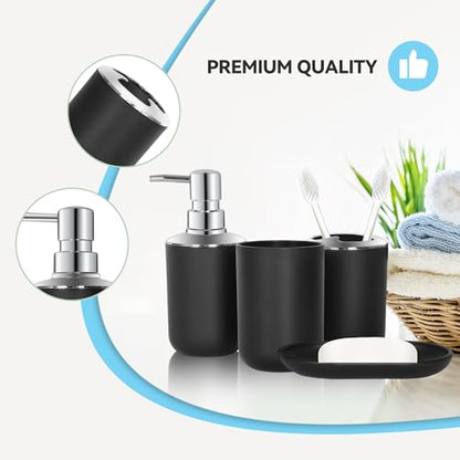 Black Bathroom Accessories Set 4 PCS, Black Bathroom Accessories | Plastic Soap Dispenser and Toothbrush Holder Set, Soap Dish and Mouthwash Cup, Boho Bathroom Decor, Bathroom Set - size: 4Pcs Black