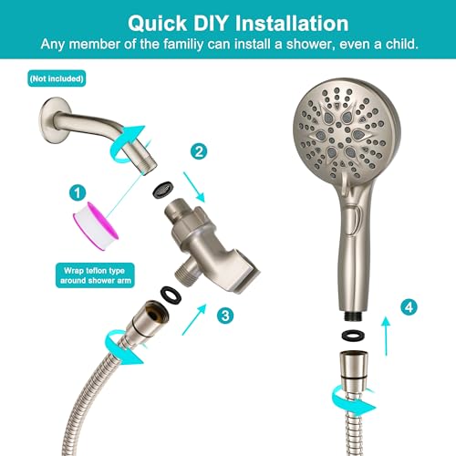 GwernKB Handheld Shower Head with ON OFF Switch & 79in Stainless Steel Hose | Brushed Nickel,Built-in Power Spray,7-mode High Pressure Spray with Bracket & Extra No Drilling Shower Holder for Lower Mount - color: Brushed Nickel