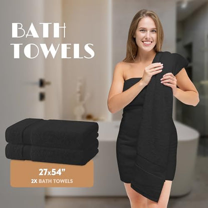 Black Bath Towel Set of 6 - 100% Cotton Highly Absorbent Towels for Bathroom, 2 Luxury Bath Towels 650GSM, 2 Hand Towels, 2 Washcloths - color: Black