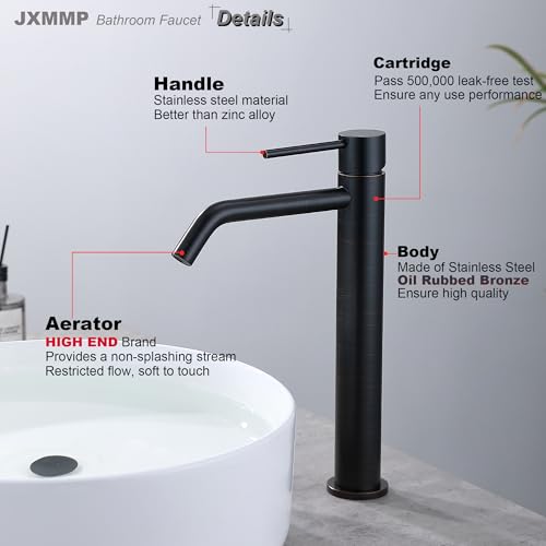 Oil Rubbed Bronze Vessel Sink Faucet with Pop Up Drain and Supply Lines, Stainless Steel Bronze Vanity Faucet Single Hole, JXMMP 1 Handle Bathroom Faucet Oil Rubbed, JXM1001ORB - color: Oil Rubbed Bronze, size: Tall Faucet