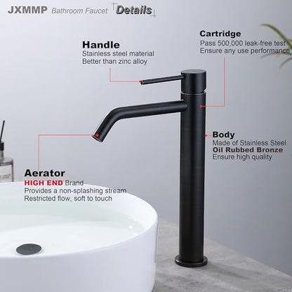Oil Rubbed Bronze Vessel Sink Faucet with Pop Up Drain and Supply Lines, Stainless Steel Bronze Vanity Faucet Single Hole, JXMMP 1 Handle Bathroom Faucet Oil Rubbed, JXM1001ORB - color: Oil Rubbed Bronze, size: Tall Faucet