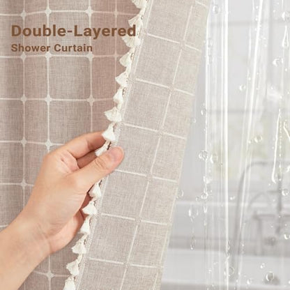 3-in-1 72x78 Boho Linen Heavy Duty Shower Curtain with Liner, Taupe | Long Size, 330GSM Linen Blend, Waterproof Clear PEVA Liner, Heavy Duty Cloth, 12 Hooks, Rustic Bohemian, Machine Washable - color: Taupe With Liner, size: 72"W x 78"L (Pack of 1)