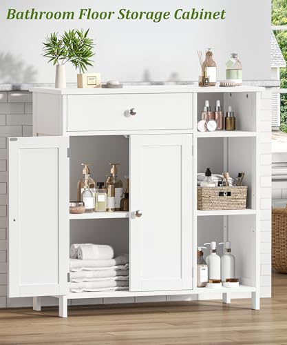 Keehusux White Cabinet with Large Drawer, Floor Bathroom Storage Cabinet with Doors & Adjustable Shelves, Modern Storage Cupboard with 3 Open Space for Living Room, Entryway, Dining Room