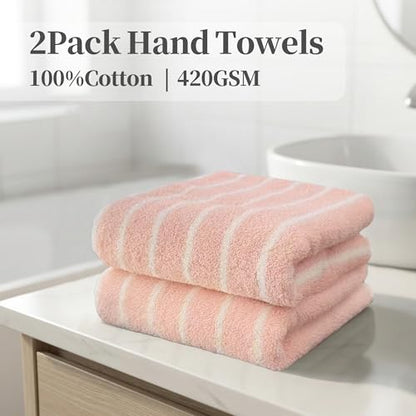 VOOVA & MOVAS Pink Kitchen Hand Towels 2 Pack, 100% Cotton, 13x28 in | Great for Kitchen & Household Use, Hanging Loop, 420GSM, Ultra Absorbent, Soft & Durable, Pink Ground Beige Stripe - color: Pink Ground