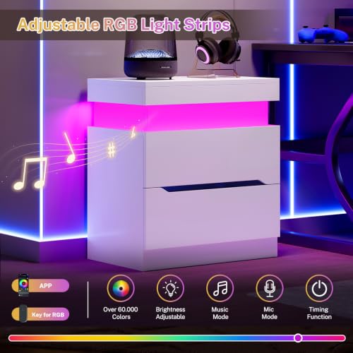 Night Stand with 2 Drawers, Nightstand with App-Controlled Adjustable LED Light, Bedside Table with Slidable Hidden Storage Space, Modern Nightstands for Bedroom,White - color: Unbzx031wd-zf