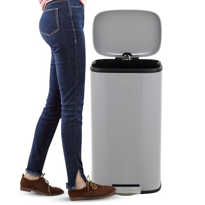 happimess Connor 2-Piece Iron Trash Can, Gloss Gray | 13.2 And 1.3 Gallons, Rectangular, Soft-Close Lid, Step Pedal, 20 Liners, 26" And 12" Height - color: Fog Gray