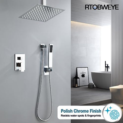 8 Inch Shower Faucet Set Ceiling Mount, High Pressure Rainfall Shower System, Square Rain Shower Head with Handheld Spray Combo, Ceiling Luxury Rainfall Shower Fixtures (L-Style) - color: Polish Chrome, style: 8 Inch-L Style