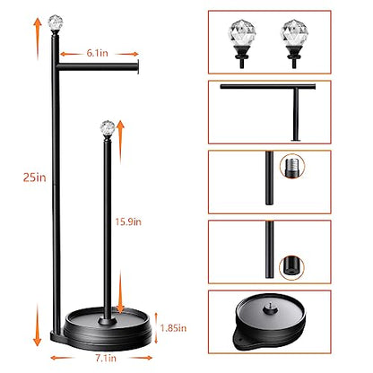 KASUNTO Toilet Paper Holder for Bathroom, Heavy Weighted Metal Free Standing Toilet Paper Holder Stand with Crystal Ball, Toilet Paper Roll Stand for Bathroom Accessories (Matte Black) - color: B- Matte Black