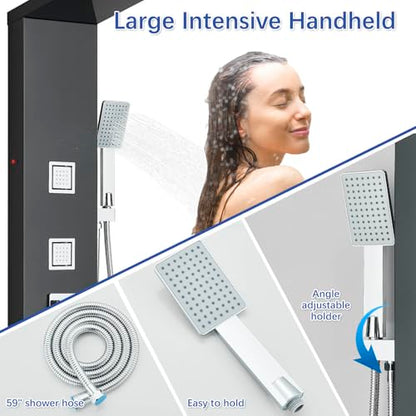 AlenArt Stainless Steel LED Shower Panel Tower System, Bathroom 5-Function Shower Panel Tower with LED Rainfall Waterfall Shower Head, Massage Jets, Tub Spout, Handheld Shower, Black-8126 - color: Black-8126