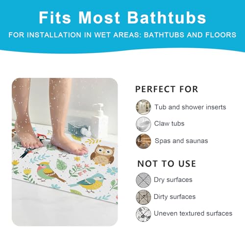 Baby Bath Mat for Tub Non Slip Kids, BPA Free Extra Long Bathtub Mat 40x16 with Drain Holes and 200 Suction Cups, Non Toxic Machine Washable Toddler Bath Mat, Eco-Friendly Certified - color: Bird