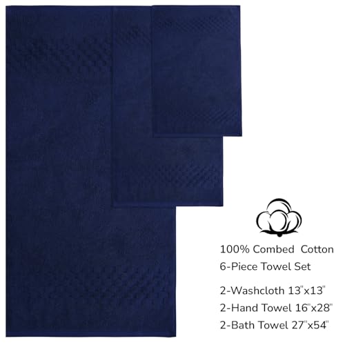 Feather & Stitch 100% Cotton 625 GSM Bath Towel Set of 6, Ultra Soft Highly Absorbent 2 Bath Towels, 2 Hand Towels & 2 Washcloth - Luxury Quick Dry Shower Towels (Navy Blue) - color: Navy Blue