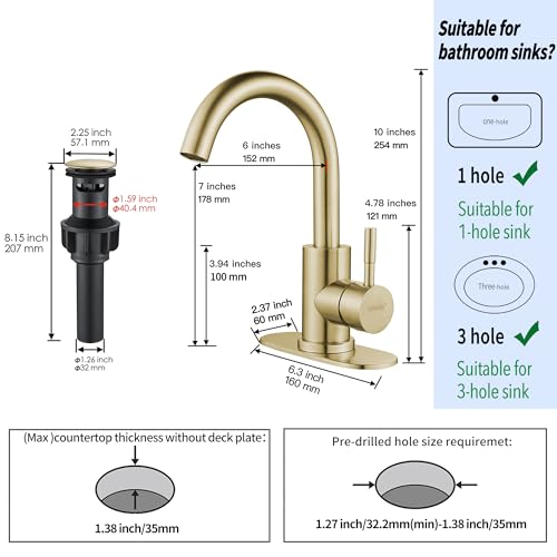 Bathroom Sink Faucet Single Hole Brushed Gold, Modern Single Handle Bathroom Faucet Commercial Stainless Steel Bar Faucet (Brushed Gold, with Drain) - color: Brushed Gold, size: With drain