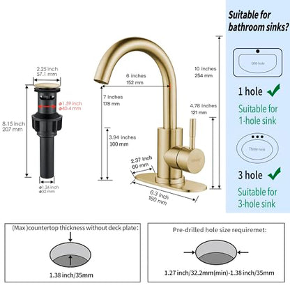 Bathroom Sink Faucet Single Hole Brushed Gold, Modern Single Handle Bathroom Faucet Commercial Stainless Steel Bar Faucet (Brushed Gold, with Drain) - color: Brushed Gold, size: With drain