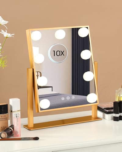 BWLLNI Vanity Mirror with Lights, Hollywood Mirror Lighted Makeup Mirror with 9 LED Bulbs, Touch Control Design 3 Colors Dimmable Bulbs Detachable 10X Magnification 360°Rotation(Gold) - color: Gold, size: 14.1"L x 2.6"W