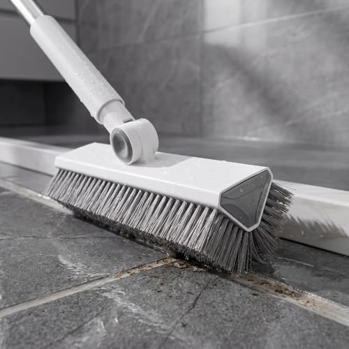 V-Shaped Floor Scrub Brush with Long Handle, Heavy-Duty Stiff Bristle Grout Cleaning Brush, 180° Rotating Tile Scrubber for Bathroom, Shower, Kitchen, Garage, Patio, Deck & Concrete Floors - color: New White Grey