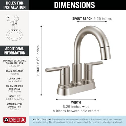 Delta Nicoli Centerset Brushed Nickel Bathroom Faucet with Sprayer, 4 Inch 3 Hole Bathroom Sink Faucet with Pull Out Sprayer, Push-Pop Drain, Stainless 25749LF-SSPD