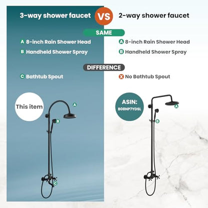 gotonovo Exposed Shower Faucet Set with Tub Spout Matte Black | Brass Bathroom Shower System,8 Inch Rainfall Head with Handheld Spray and Tub Filler,Adjustable Height,6’’ Hole Distance - color: Black