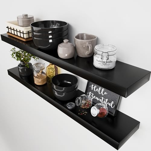 Solid Wood Floating Shelves for Wall 36 Inches Long, Black Wooden Shelf | Real Wood, 36 Inch, Heavy Duty, Wall Mounted, Bathroom Shelves Large, Bedroom Kitchen, Black Finish, 36W × 6.7D, Set of 2 - color: Black, size: 36 Inch