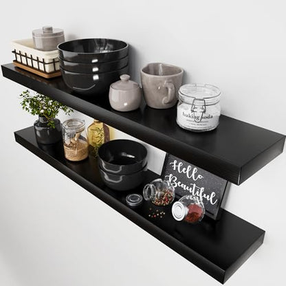 Solid Wood Floating Shelves for Wall 36 Inches Long, Black Wooden Shelf | Real Wood, 36 Inch, Heavy Duty, Wall Mounted, Bathroom Shelves Large, Bedroom Kitchen, Black Finish, 36W × 6.7D, Set of 2 - color: Black, size: 36 Inch