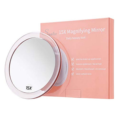 SANTOO 15X Magnifying Mirror - with 3 Mounting Suction Cups - Used for Precise Makeup - Eyebrows/Tweezing - Blackhead/Blemish Removal - Bathroom/Travel Makeup Mirror - 6 Inch Round (Rose Gold) - color: 15x