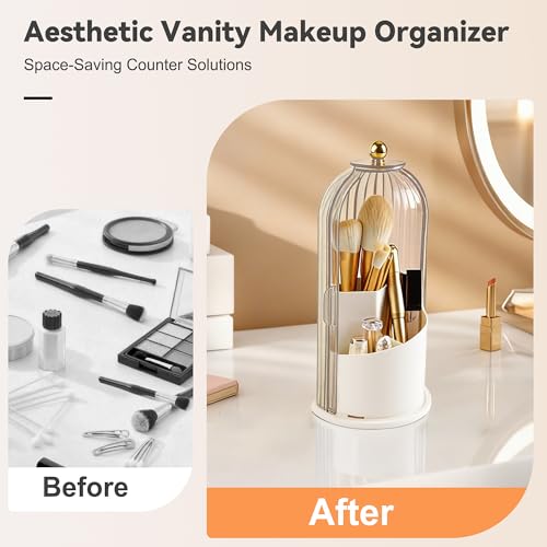 Makeup Brush Holder 360° Rotating Countertop Organizer with Lid Transparent | Transparent Sealed Lid, Waterproof, 3 Compartments, 180° Side Pull Door, for Vanity Makeup Brushes & Bathroom Toothbrushes - color: Transparent