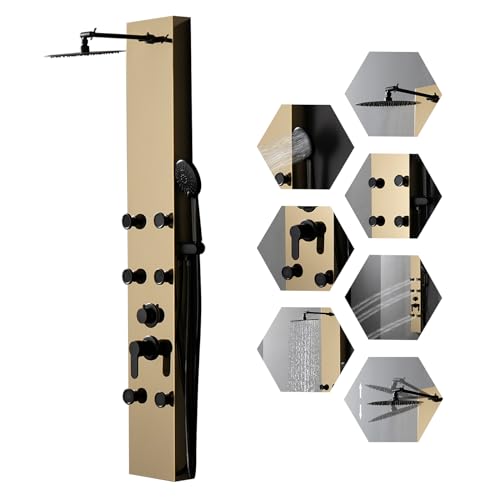 BWE Stainless Steel Modern Shower Panel Tower System | 3-Function Faucet Rainfall Shower Head, Handheld Sprayer, Massage Body Jets, Polished Gold