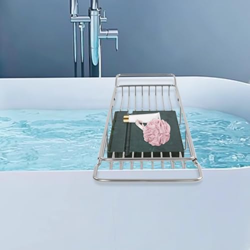 Expandable Bathtub Tray, Stainless Steel Bath Tub Caddy with Marble Base, Adjustable Over Tub Rack with Phone Tablet Holder, Bathtub Organizer (Silver) - color: Silver