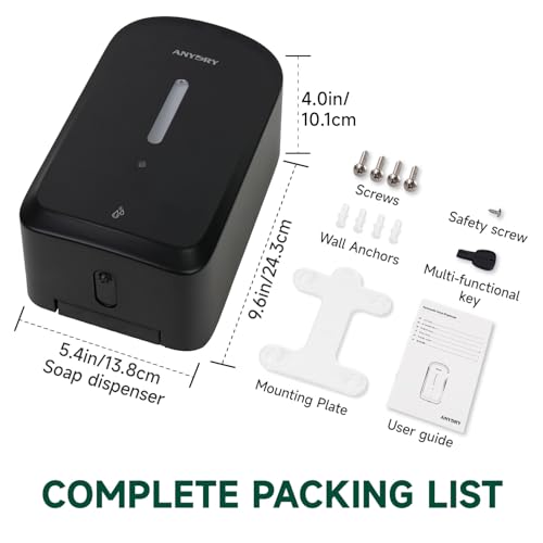 anydry Commercial Automatic Soap Dispenser 34oz Large Capacity Wall-Mounted | Touchless Liquid Dispenser, Five-Level Adjustment, Ideal for High-Traffic Bathroom, Restroom, Durable Wall-Mount Installation - color: Black