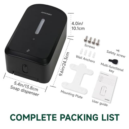 anydry Commercial Automatic Soap Dispenser 34oz Large Capacity Wall-Mounted | Touchless Liquid Dispenser, Five-Level Adjustment, Ideal for High-Traffic Bathroom, Restroom, Durable Wall-Mount Installation - color: Black