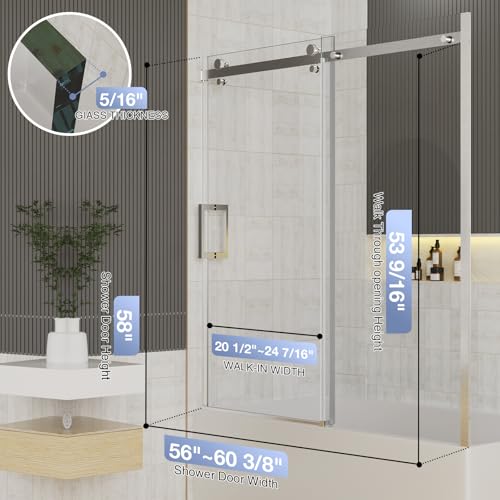 Frameless Bathtub Sliding Shower Door, 5/16" (8mm) Clear Tempered Glass, 56-60" W x 58" H, Quiet Soft-Close, Reversible Installation, SGCC Certified (Chrome-Bathtub Style A, 60" W x 58" H) - color: Chrome-Bathtub A-60" W x 58" H