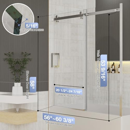 Frameless Bathtub Sliding Shower Door, 5/16" (8mm) Clear Tempered Glass, 56-60" W x 58" H, Quiet Soft-Close, Reversible Installation, SGCC Certified (Chrome-Bathtub Style A, 60" W x 58" H) - color: Chrome-Bathtub A-60" W x 58" H