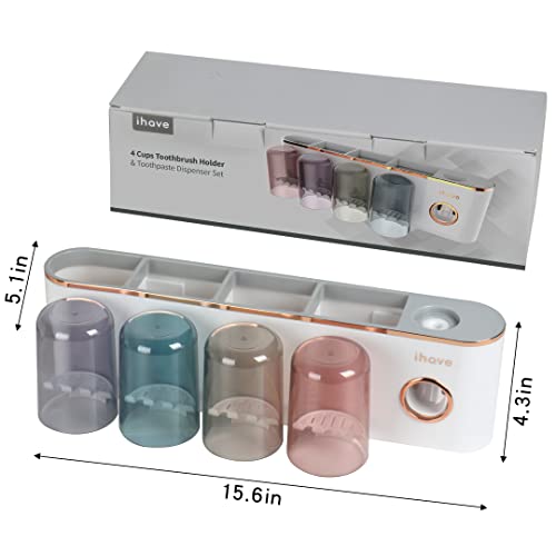 iHave Toothbrush Holders for Bathrooms Wall Mounted with Dispenser & 4 Cups | 12 Slots Wall Mount Toothbrush Holders for Bathrooms with Squeeze Toothpaste Dispenser, 4 Cups & 4 Compartments Organizer - color: White 4 Cups