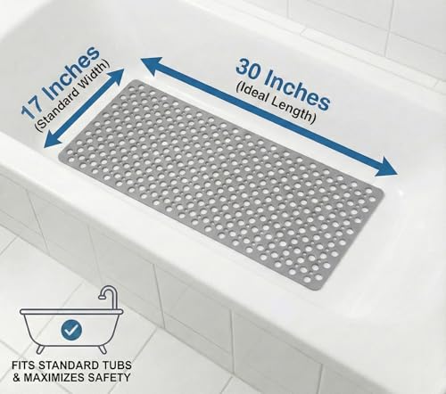Nonslip Bath Tub Shower Mat with Suction Cups, Extra Soft TPE Bath Mat for Kids, Bathtub Bathroom Mats, Machine Washable, Smooth/Non-Textured Tubs Only, 30L x 17W Inch (Light Gray) - color: Light Gray, size: 30" x 17" (Rectangular)