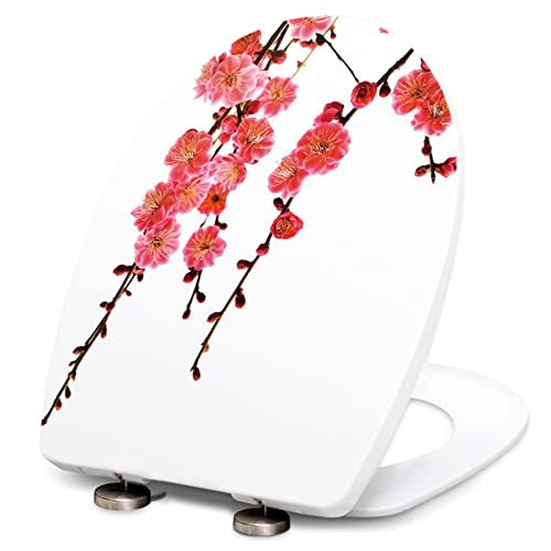White Plastic Quick Release Toilet Seat - Oval Shape, Top Fixing with Adjustable Hinges, Easy Clean, Seagull and Starfish Design - One Size - color: Plum Blossom