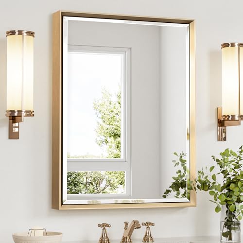 Gold Bathroom Mirror, 24x32 Brushed Gold Bathroom Mirror Beveled Edge, Gold Framed Rectangle Bathroom Vanity Mirror, Anti-Rust Brushed Brass Metal Frame Wall Mirror Vertical/Horizontal - color: Brushed Gold, size: 32"L x 24"W