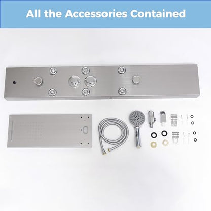 DELAVIN Stainless Steel Shower Tower, 5-Function Shower Panel Tower System | with Rainfall Waterfall Shower Head, Massage Body Jets, Tub Spout, Handheld Shower, Designed for Hotels, Gyms, Spas - style: 8 Body Jets