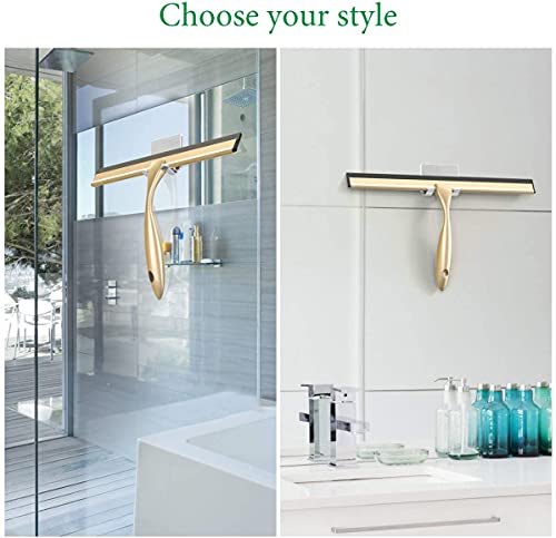 OPERNEE Shower Squeegee with Self Adhesive Hook, 10 Inches Stainless Steel Squeegee Cleaner, All-Purpose Window Scraper for Bathroom Doors, Mirror, Windows and Car Glass, Brushed Gold